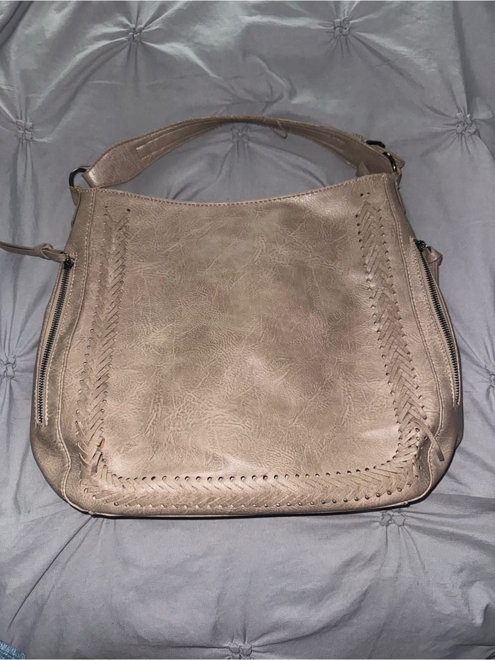 Boho Taupe Faux Leather Hobo Shoulder Bag with Braided Detail